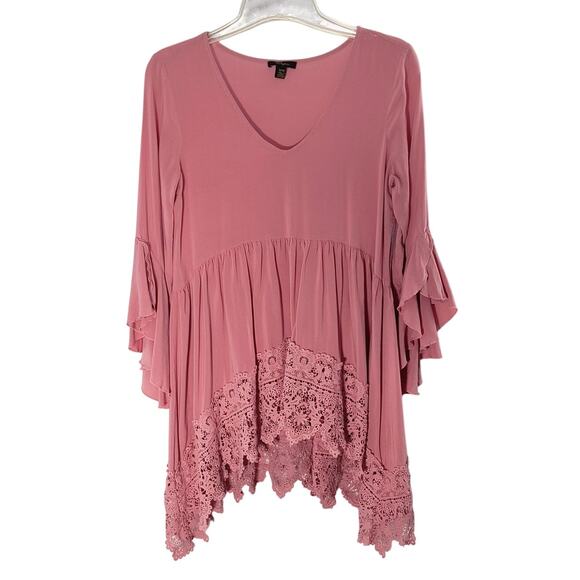 Cupio Boho Tunic Top Women's Size M Pink  3/4 Bell Sleeve Scalloped Lace Trim - Picture 3 of 13